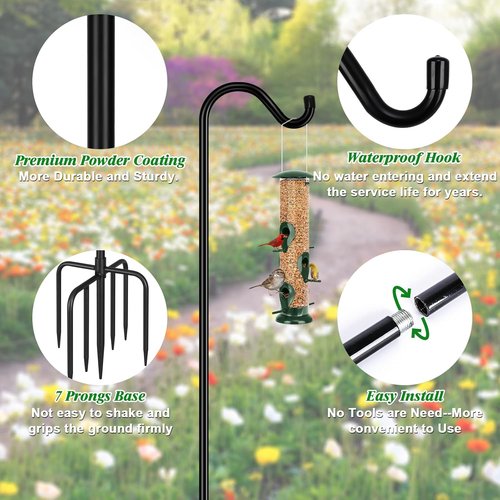 Feed Garden 76'' Heavy Duty Bird Feeder Pole - Adjustable Shepherds Hook for Hummingbird Feeders & Lanterns