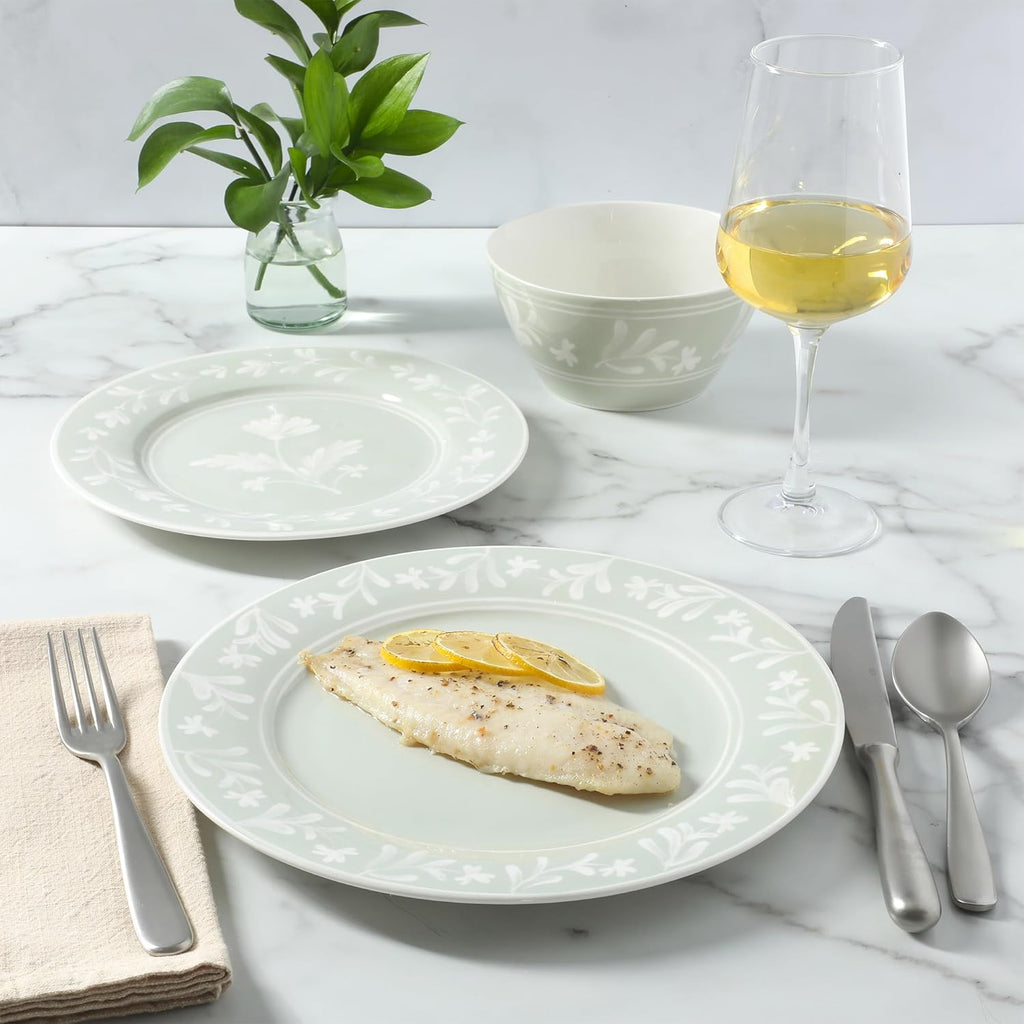 Martha Stewart Dinnerware Set - Maiden Crown 12-Piece Floral Dish Set, Sage Green | New Bone China, Service for 4, Microwave & Dishwasher Safe