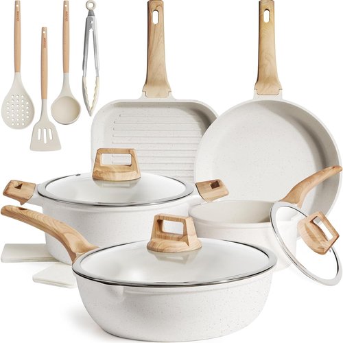Kikcoin 16-Piece Non-Stick Ceramic Cookware Set - Induction-Compatible Kitchen Pots & Pans, White