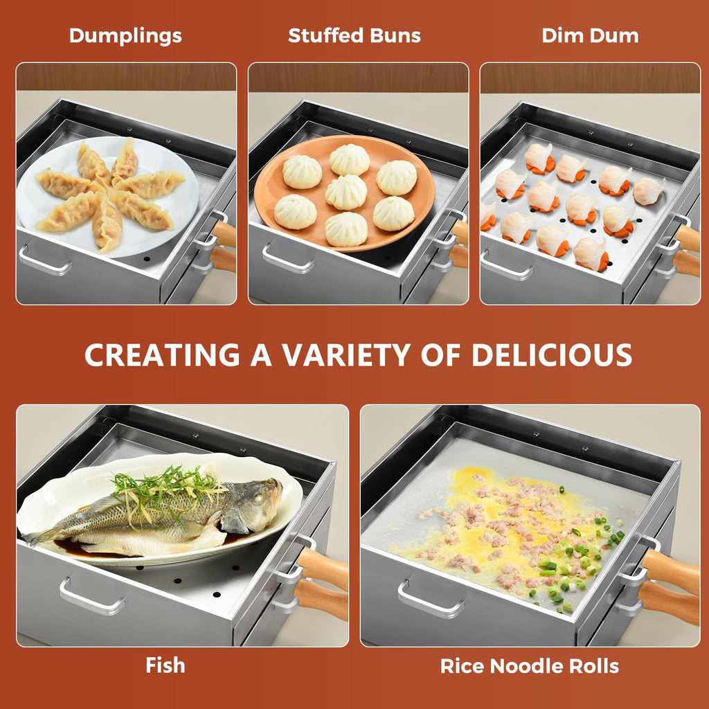 Z-stralink Rice Roll Steamer, Cantonese Stainless Steel 2-Tier Rice Noodles Steamer Machine, Steam Rice Roll Maker with Long Wooden Handle for Commercial and Home Use for Cheung Fun/Dumplings/Dim Sum