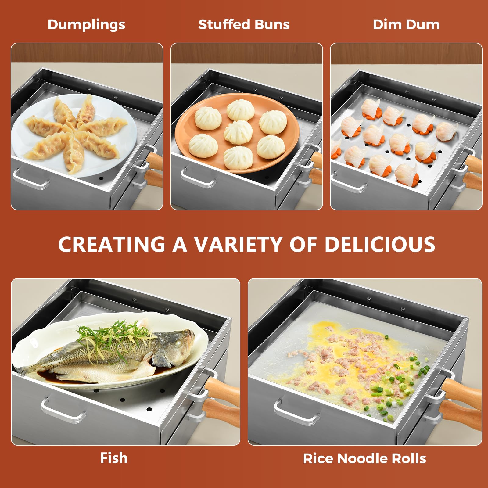 Z-stralink Rice Roll Steamer, Cantonese Stainless Steel 2-Tier Rice Noodles Steamer Machine, Steam Rice Roll Maker with Long Wooden Handle for Commercial and Home Use for Cheung Fun/Dumplings/Dim Sum