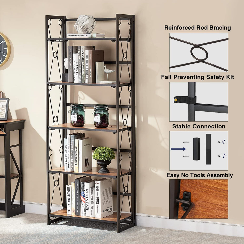 VECELO Folding Bookshelf 5-Tier,Industrial Metal Frame & Wood Shelves,Foldable Bookcase No Assembly Free Standing Storage Organizer for Living Room,Office,Bedroom