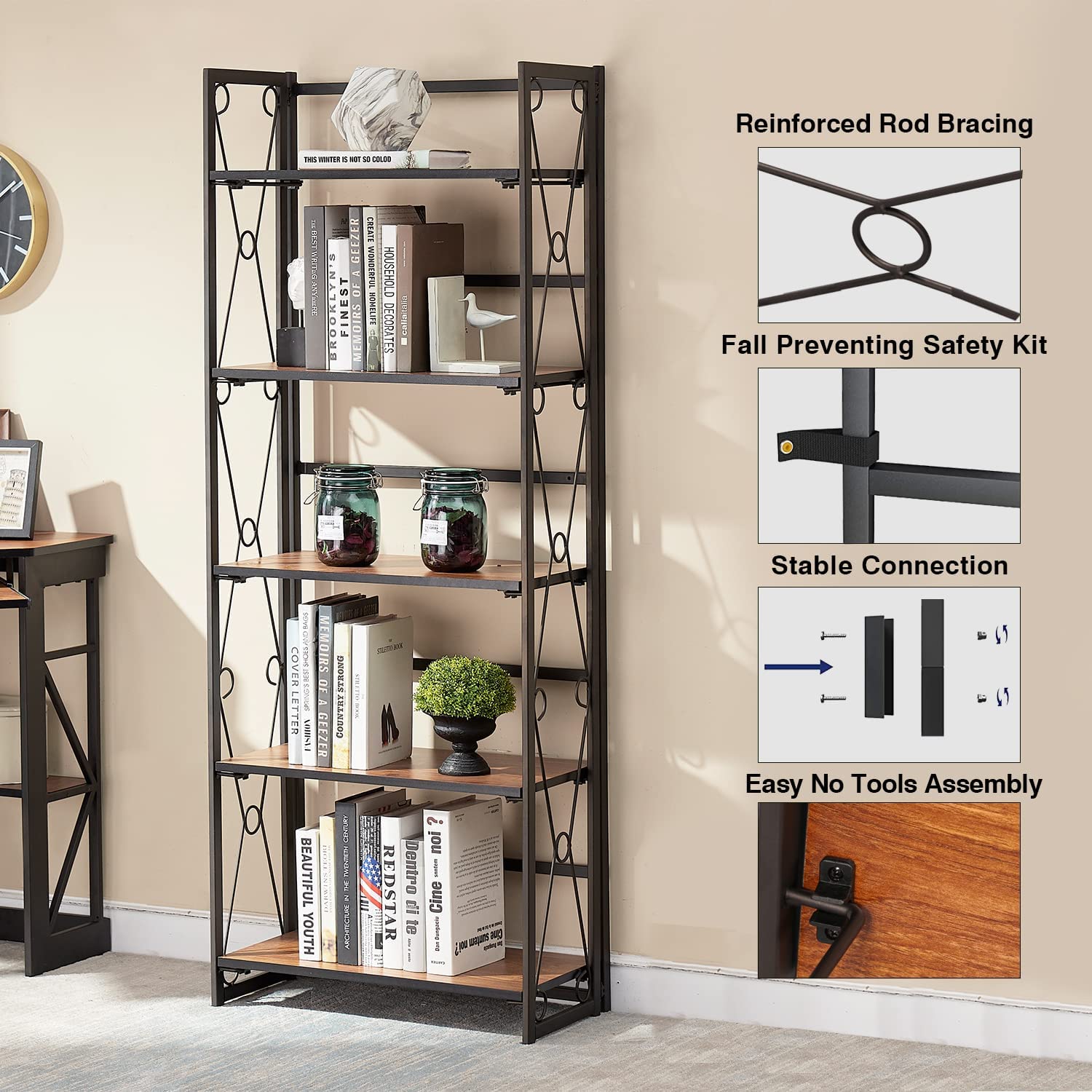 VECELO Folding Bookshelf 5-Tier,Industrial Metal Frame & Wood Shelves,Foldable Bookcase No Assembly Free Standing Storage Organizer for Living Room,Office,Bedroom
