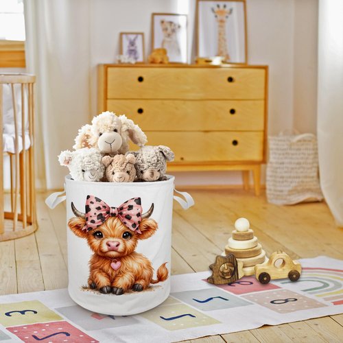 Cilrii Pink Bow Highland Cow Laundry Basket Hamper, Toybox for Girls, Western Cow Waterproof Collapsible Storage Bin Organizer for Bedroom Bathroom Kids Girls Room Dorm Clothes Toys Books