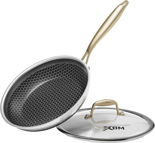 Honeycomb Stainless Steel Frying Pan - 8 Inch Nonstick Skillet with Lid, Induction Compatible, PFOA-Free