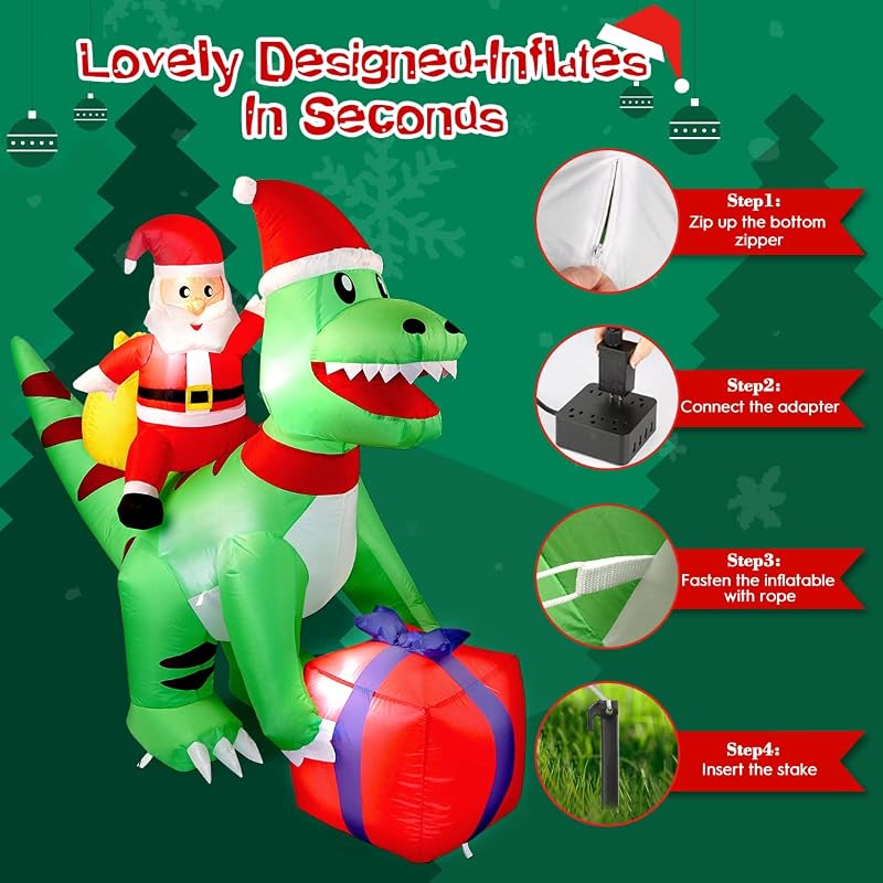 5 Ft Christmas Inflatable T-Rex Dinosaur with Santa Claus — Built-in LED, Easy Setup