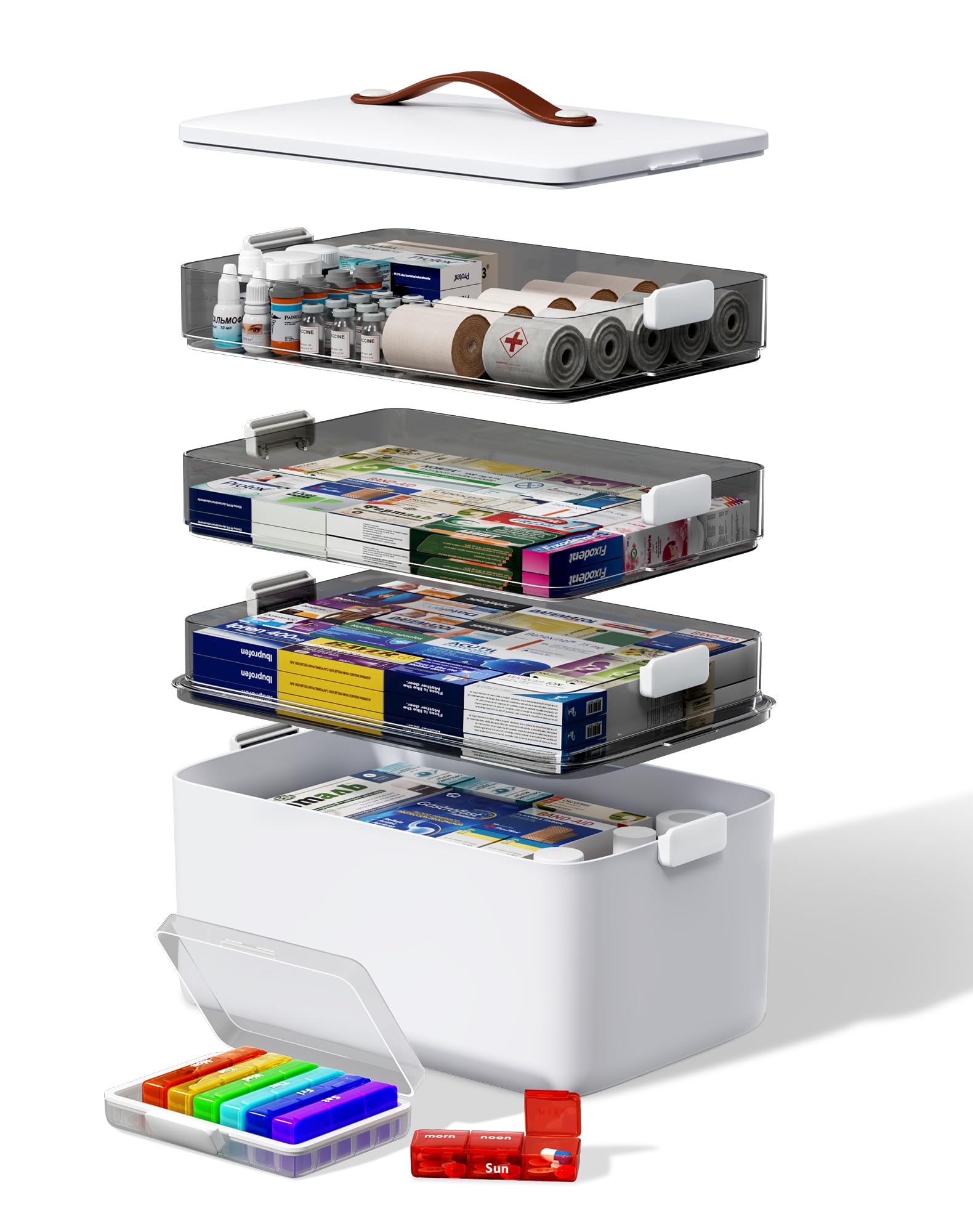 LEGUO Medicine Storage Organizer, 4-Tier Medicine Box with 7-Day Pill Case, Clear Trays and Carry Handle, Empty First Aid Storage Case for Pills and Bottles