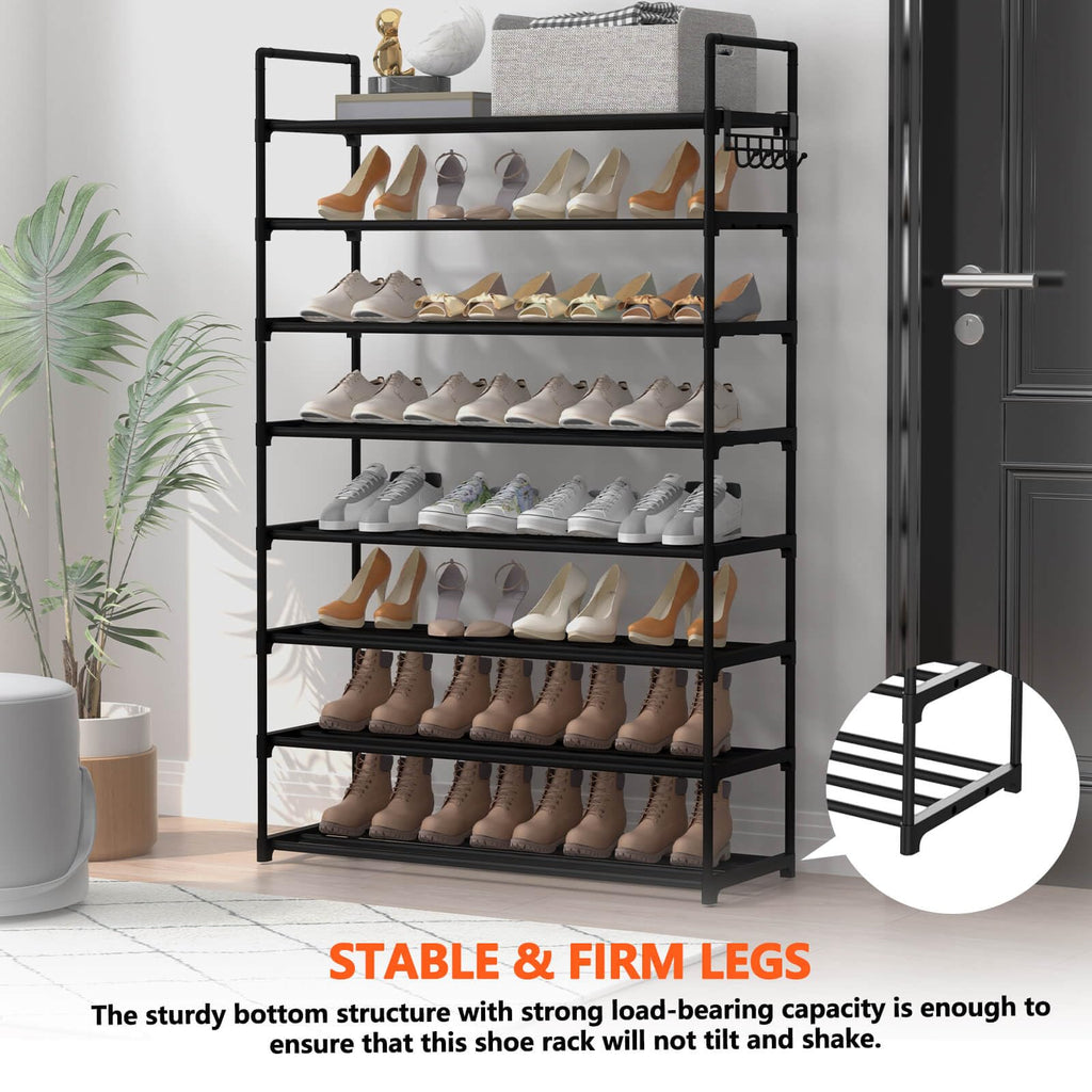 Hsscblet 8 Tiers Metal Shoe Rack,Adjustable Shoe Shelf Storage Organizer with Hooks,Stackable Boot & Shoe Storage,for Entryway,Hallway,Closet,Black
