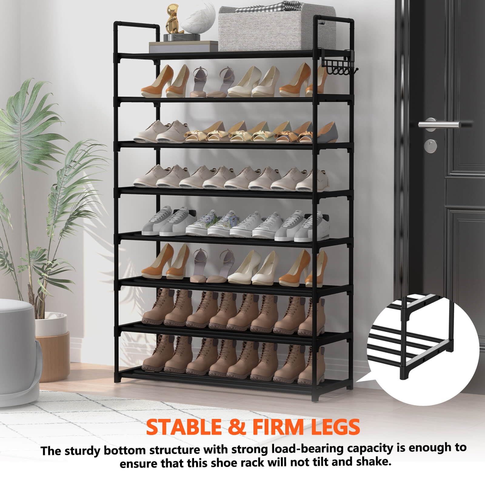 Hsscblet 8 Tiers Metal Shoe Rack,Adjustable Shoe Shelf Storage Organizer with Hooks,Stackable Boot & Shoe Storage,for Entryway,Hallway,Closet,Black