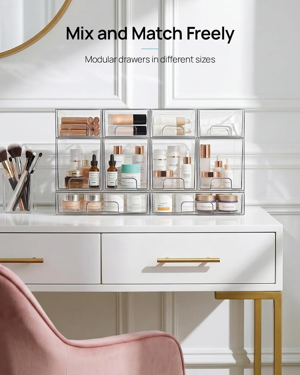 Vtopmart Clear Stackable Storage Drawers - 4 Pack Acrylic Makeup Organizer for Bathroom & Kitchen