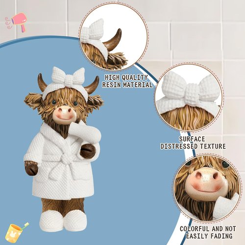Burbell 2 Pcs Highland Cow Bathroom Figurine Bathroom Highland Cow Decor Gnomes Bath Decor Scottish Resin Statue Calf Lovers Gifts for Farmhouse Home Garden Kitchen Office Tiered Tray Table Decoration
