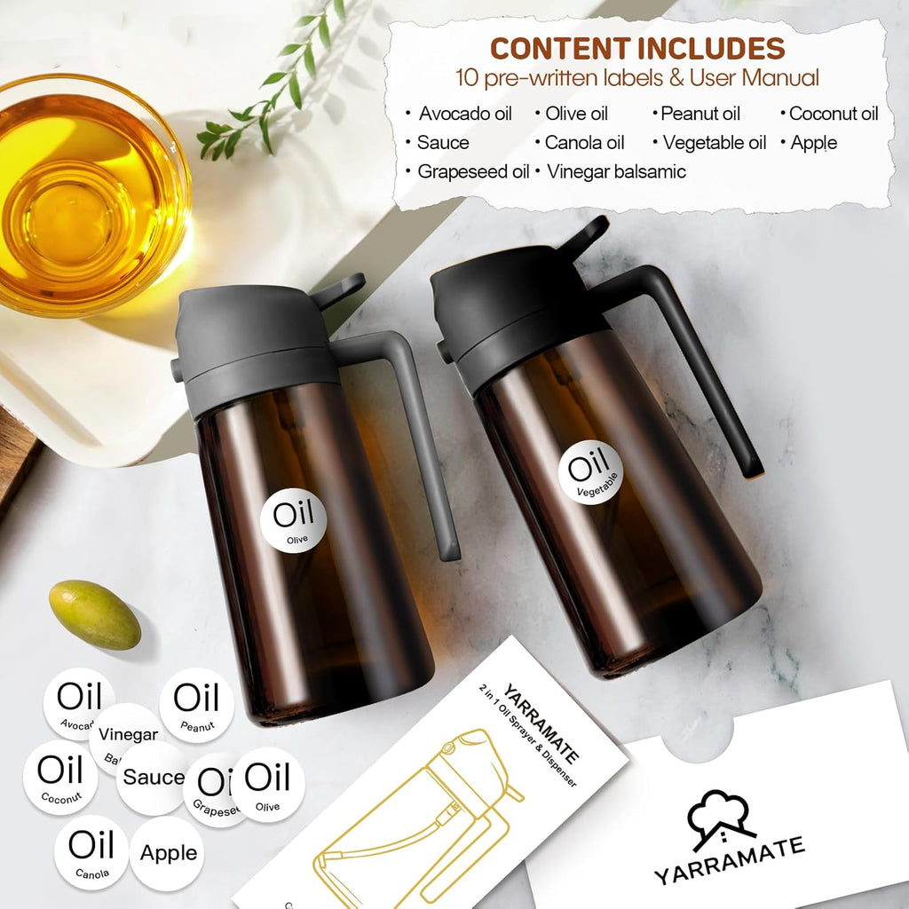 YARRAMATE 16oz Dark Brown Oil Sprayer - Food-Grade 2-in-1 Olive Oil Dispenser for Cooking & BBQ (Grey)