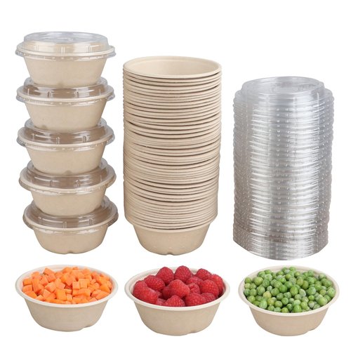 JAYEEY 10 oz Round Disposable salad bowls with lids, Sugarcane Fiber Paper Bowls take away food containers Plant Fibers Freezer Safe 50 Pack