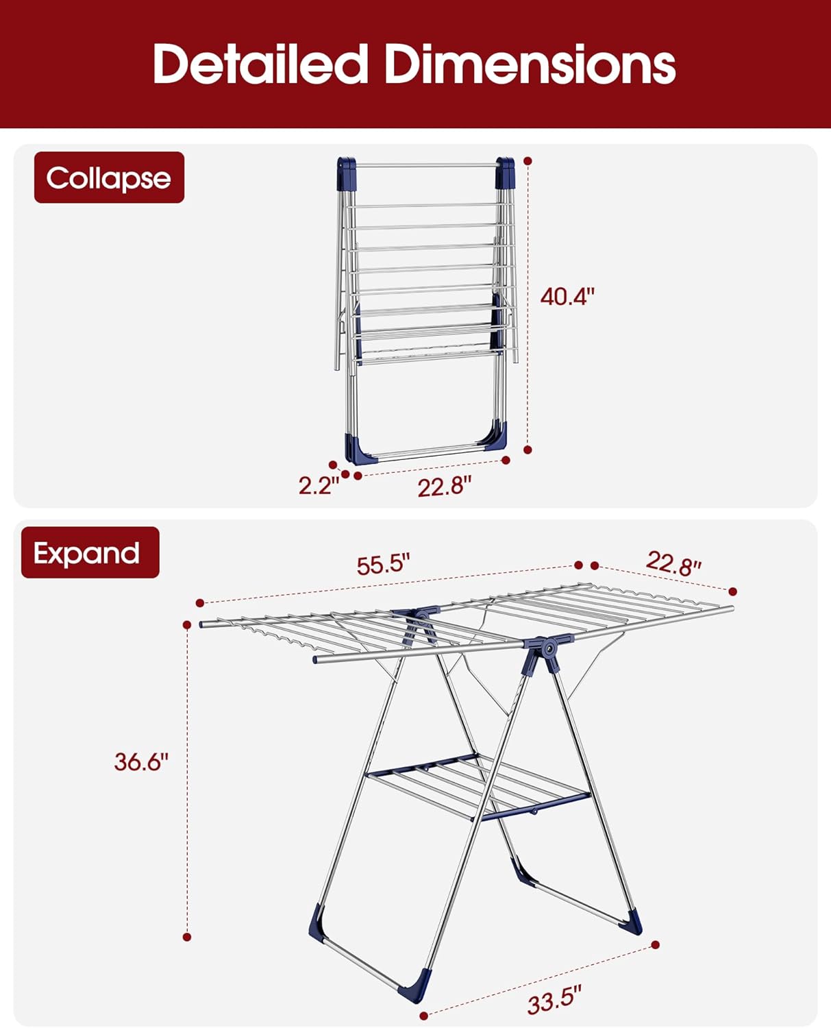 Sakugi Clothes Drying Rack - Height-Adjustable Metal Laundry Stand for Indoor & Outdoor Use | 55.5" L × 22.8" W, Silver Blue
