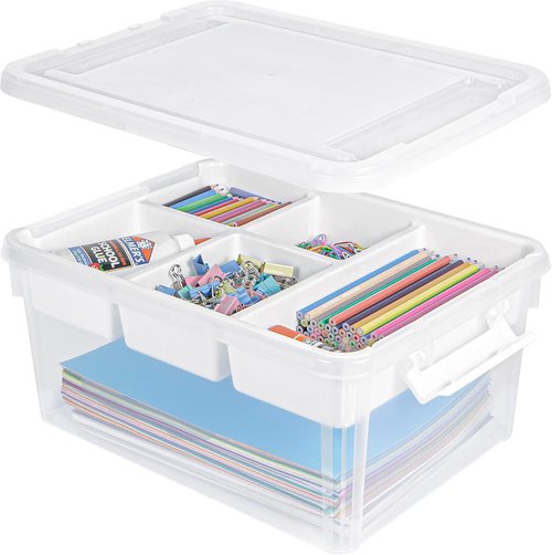 Creahaus 17 Quart Clear Plastic Storage Box - Durable Craft Organizer with Removable Tray for Beads, Art & Sewing