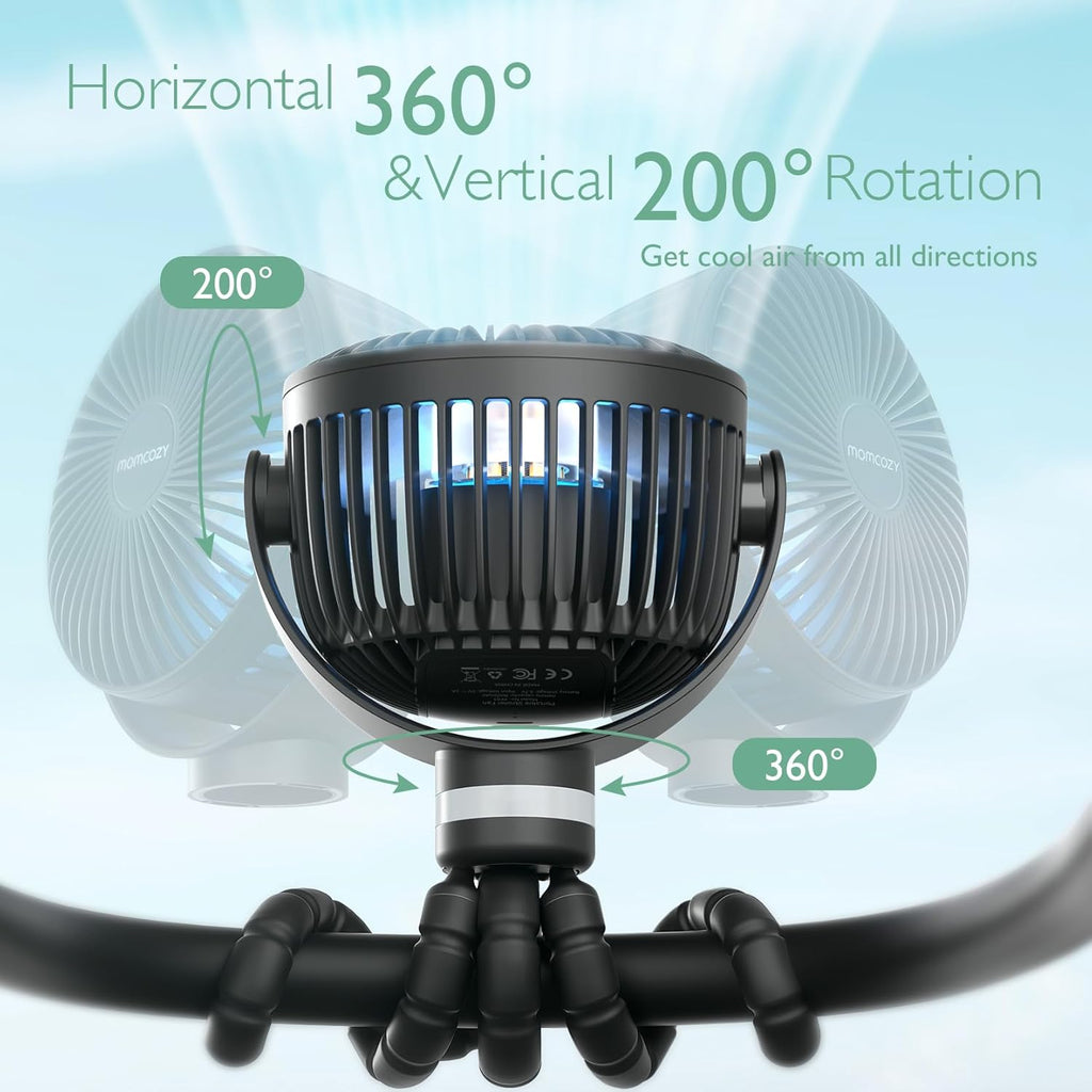 Momcozy Portable Stroller Fan - 8000mAh Battery | 27-Hour Runtime | 4-Speed 360° Rotation | USB Rechargeable
