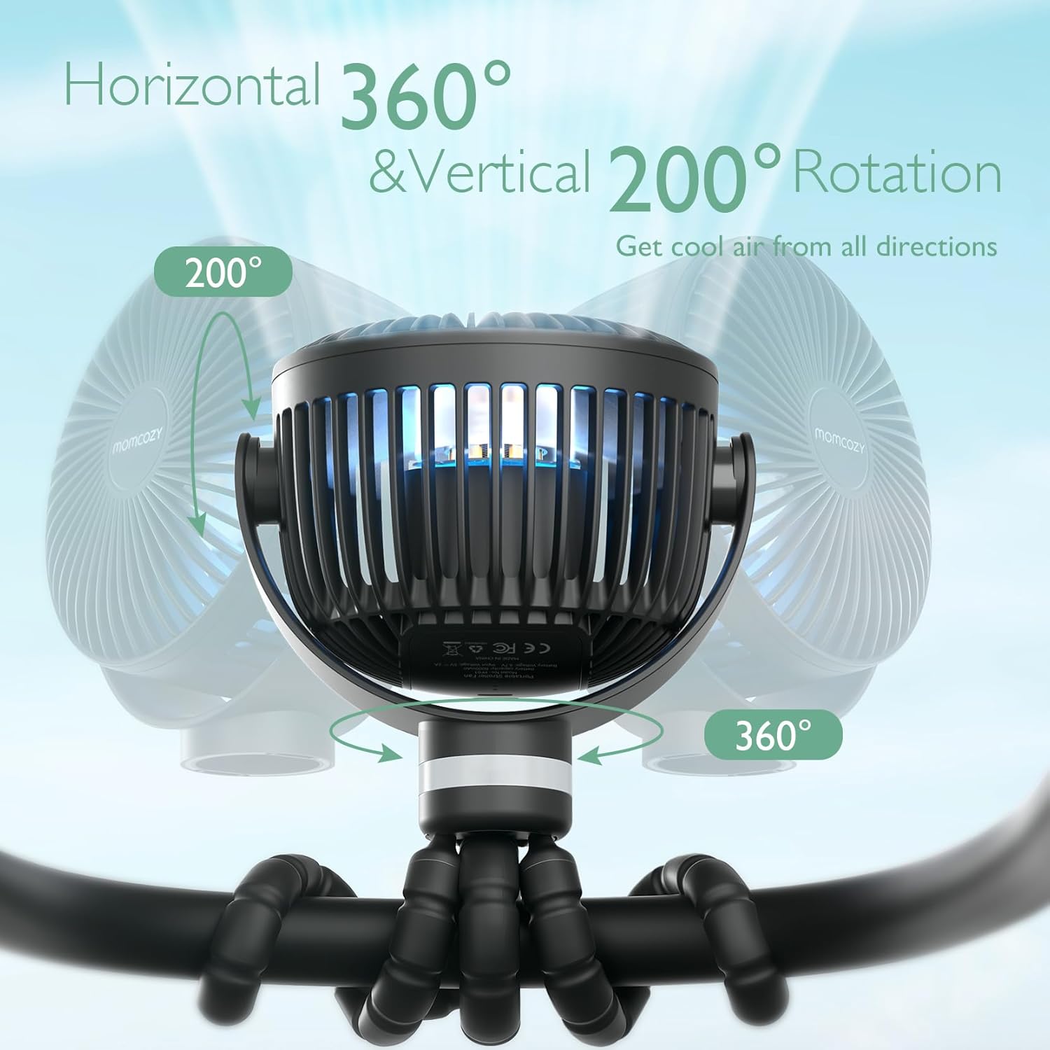 Momcozy Portable Stroller Fan - 8000mAh Battery | 27-Hour Runtime | 4-Speed 360° Rotation | USB Rechargeable