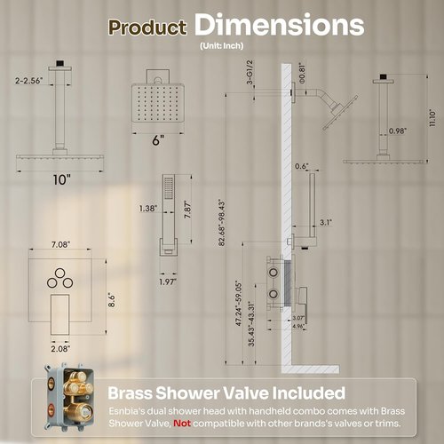 **Regine Switzerland Gold Shower Faucet Set - Brushed Gold 10'' Ceiling & 6'' Wall Mounted Shower Heads | 3-in-1 Handheld Combo**
