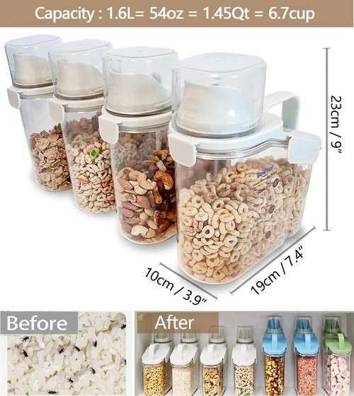 Besmall Small Cereal Containers Storage with Pour Spout and Measuring Cup Food Storage Containers Airtight Plastic Dry Food Dispenser for Flour, Grain, Rice, White, 1.6L / 54oz (4pcs)