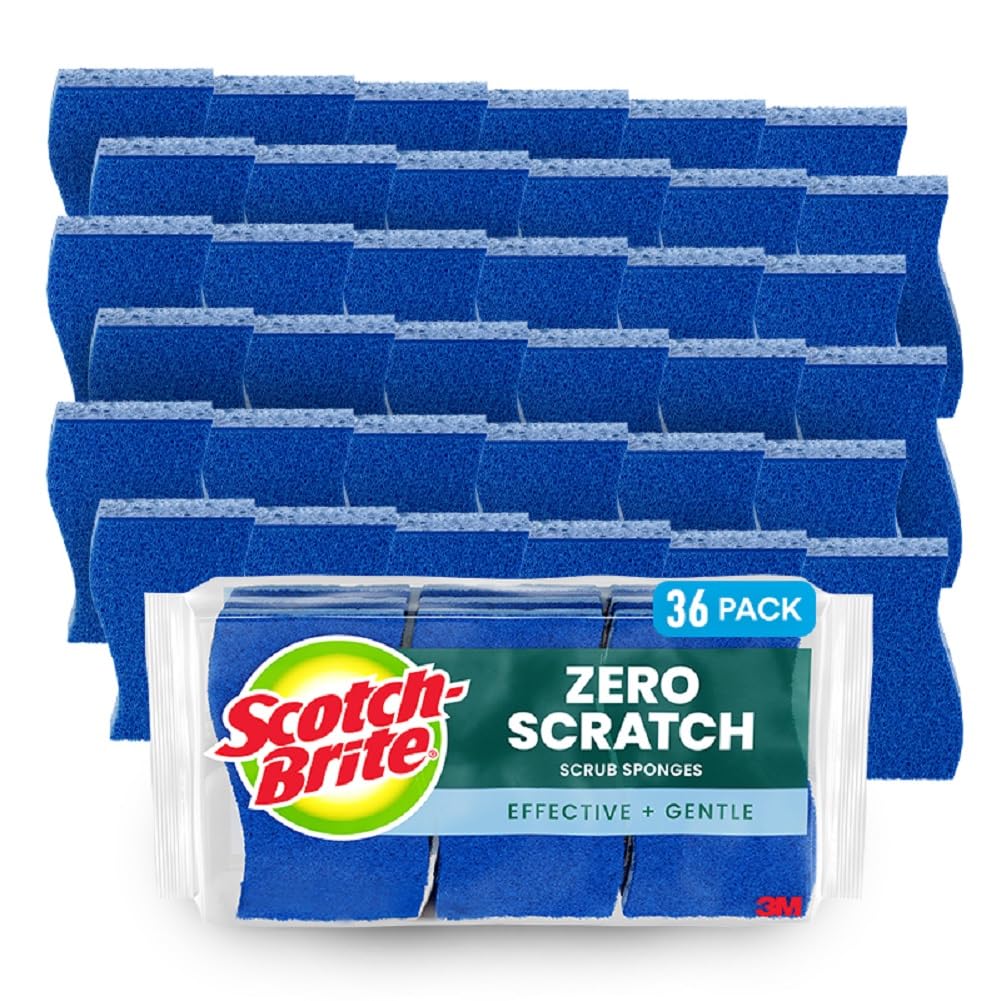 Scotch-Brite Zero Scratch Non-Scratch Scrub Sponges, Sponges for Cleaning Kitchen, Bathroom, and Household, non-scratch Sponges Safe for Non-Stick Cookware, 36 Scrubbing Sponges