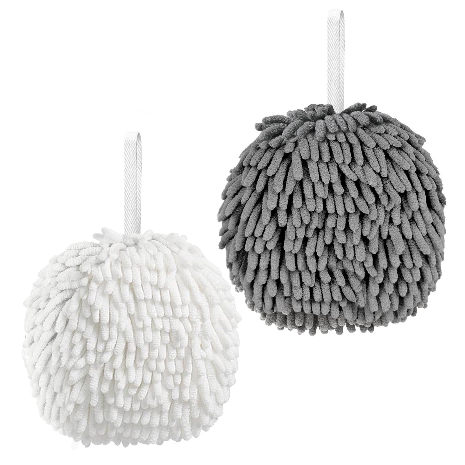 VEIUSHNI 2 Pack Fluffy Ball Hand Towels - Super Absorbent & Quick Dry, Soft Bath & Kitchen Towels for Sink, Bathroom Decor (Gray, White)