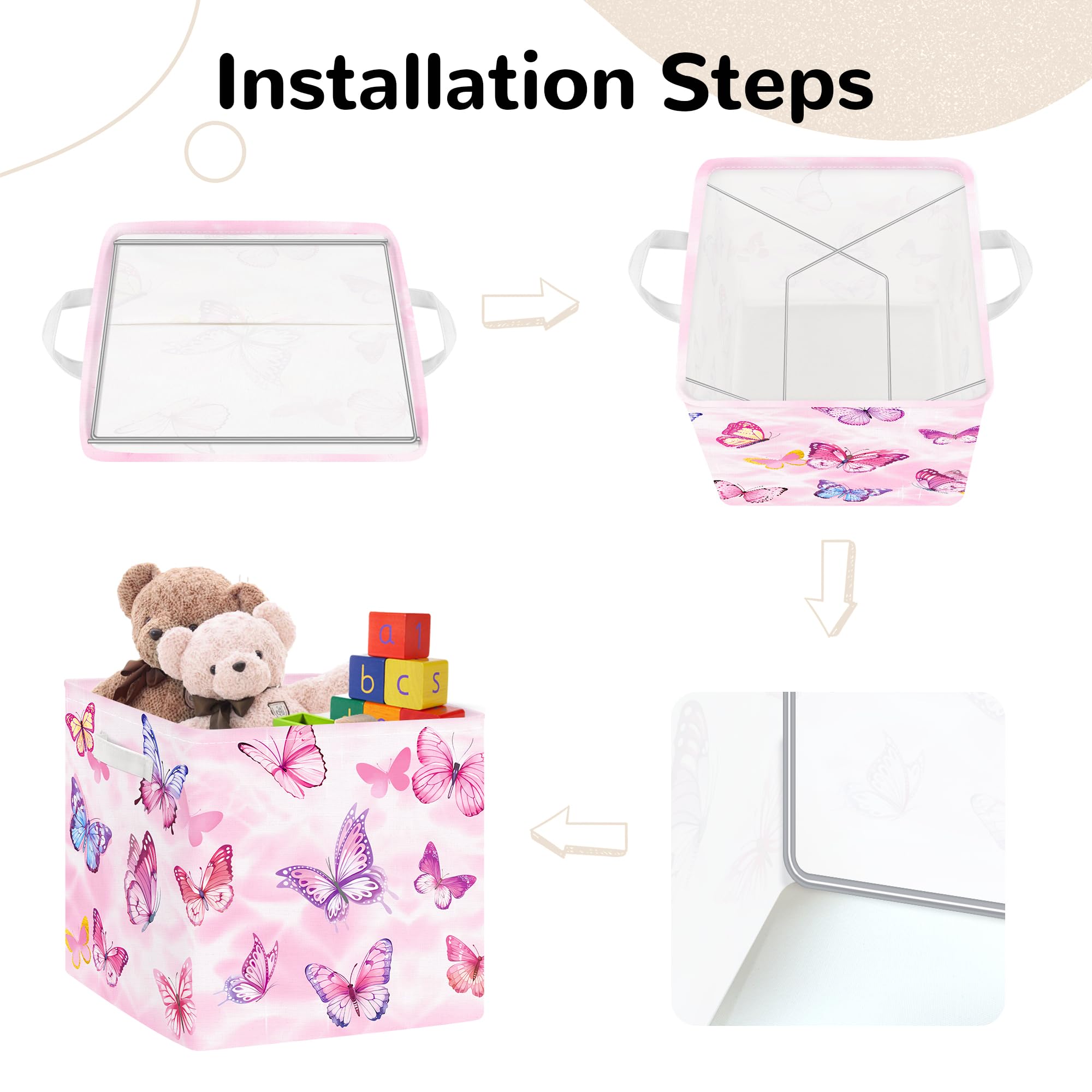 Clastyle Butterfly Kid Storage Cube Organizer Set Watercolor Closet Clothes Cube with Metal Frame Storage Bin Nursery Toddler Toy Box Chest Girl Book Shelf Basket, Pink, 11.8x11.8x11.8 in