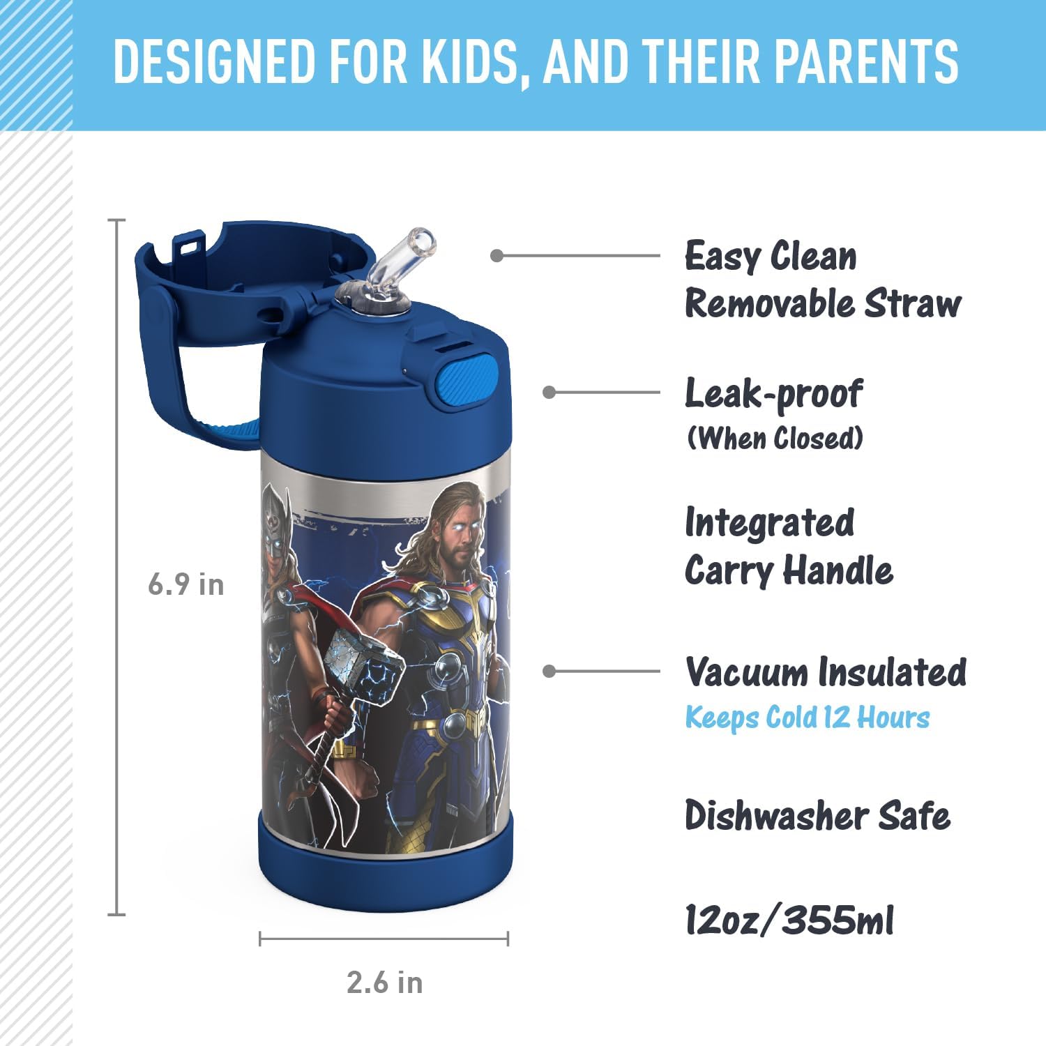 THERMOS FUNTAINER 12 Ounce Kids Straw Bottle - Stainless Steel Vacuum Insulated, Thor Design