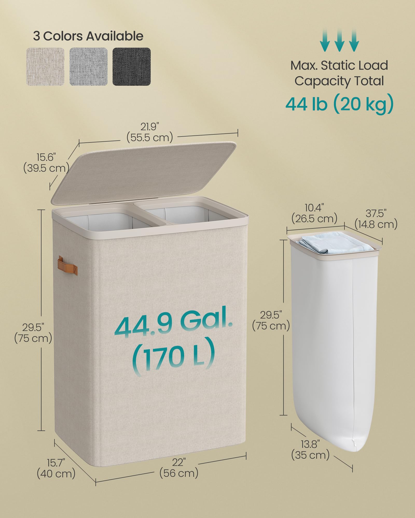 SONGMICS Laundry Basket, 44.9 Gal. Laundry Hamper, 2 Compartments, Easy Assembly, with Lid and Handles, Removable Liners, 22 x 15.7 x 29.5 Inches, Cappuccino Beige ULCB813L01