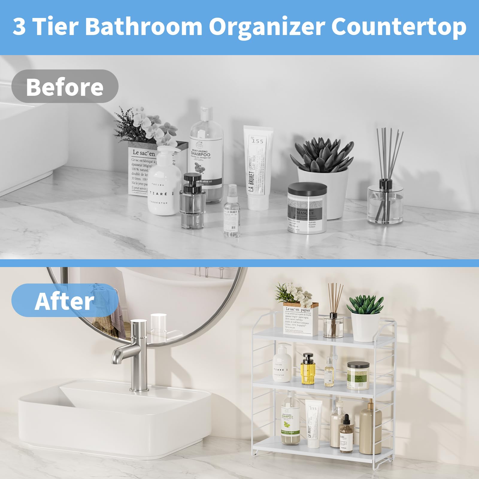 MAYZOLOP Bathroom Counter Organizer, Makeup Organizer Countertop, Countertop Storage Shelf for Bathroom Storage, Vanity, Large Skincare, Perfume, White 3 Tier