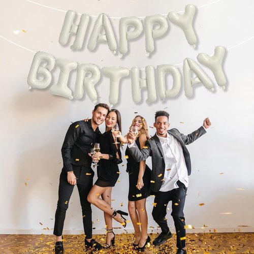 Happy Birthday Balloon Banner by Cream - Neutral Beige Foil Balloons | 16 Inch Ivory White Bunting for Party Decor