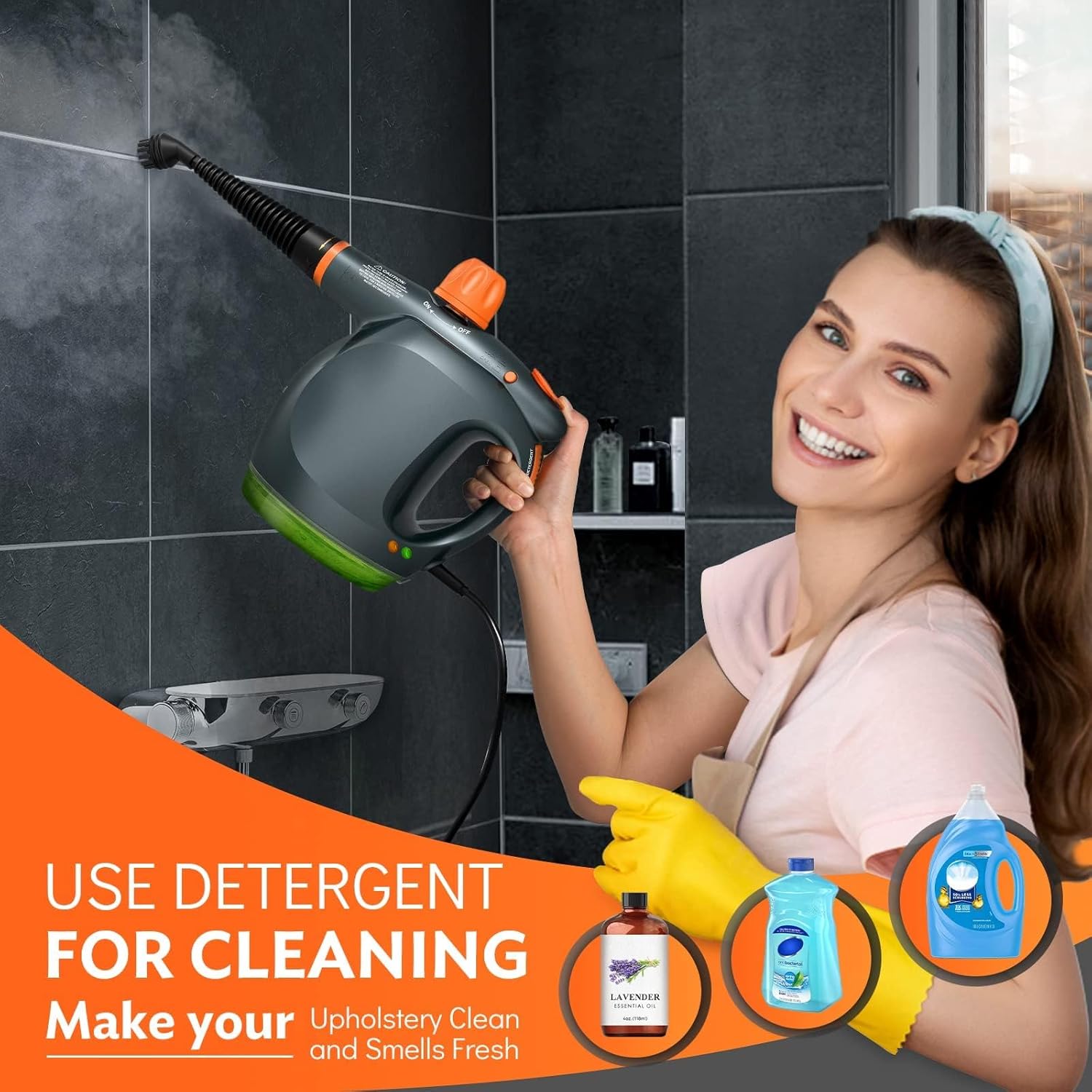 Skiennix 1250W Handheld Steam Cleaner - Multifunctional Pressurized Steamer with Detergent Container & Safety Lock for Kitchen, Bathroom, Windows & Floors