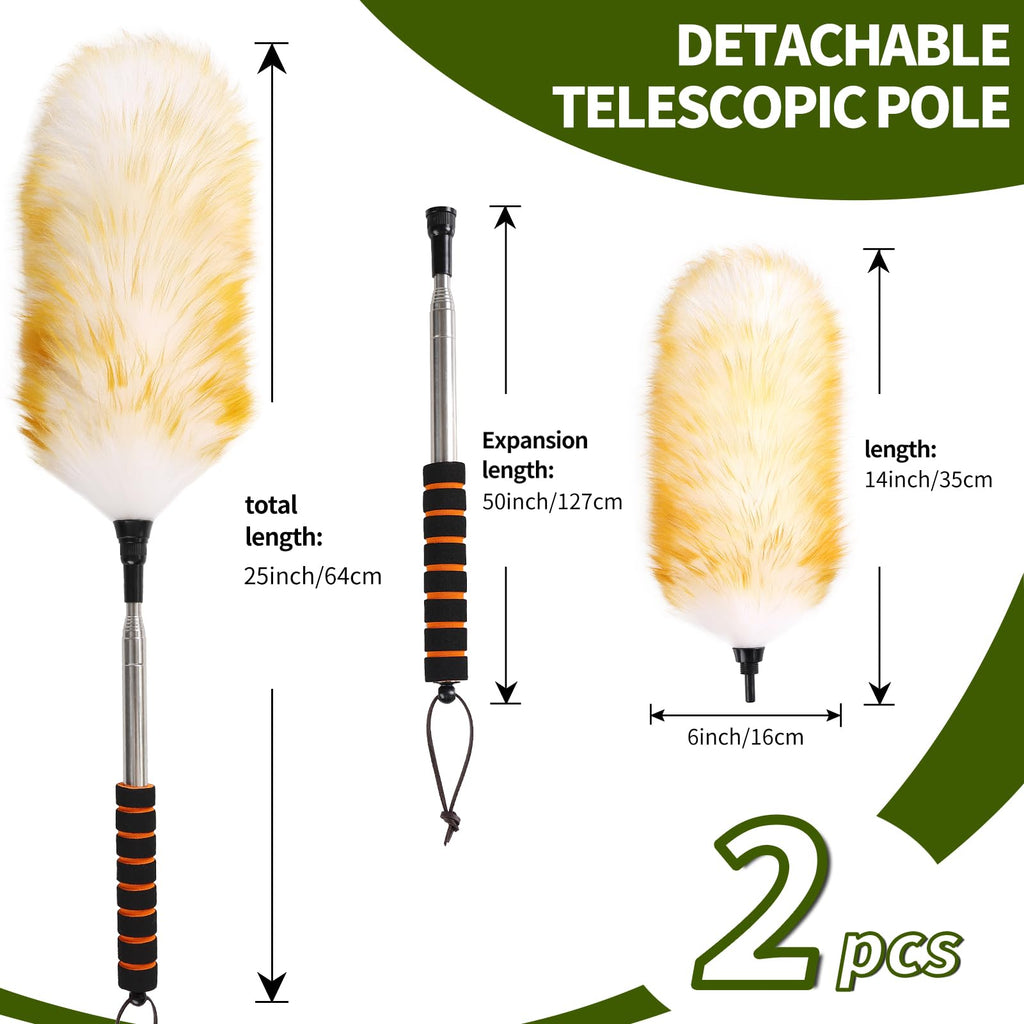 MehelloFeather Extendable Lambswool Duster 25-64" Retractable Telescopic Handle Removable Head Multi-Surface Cleaning Tool for Ceiling Fans, Windows, High Walls, and Hard-to-Reach Areas (2pcs)