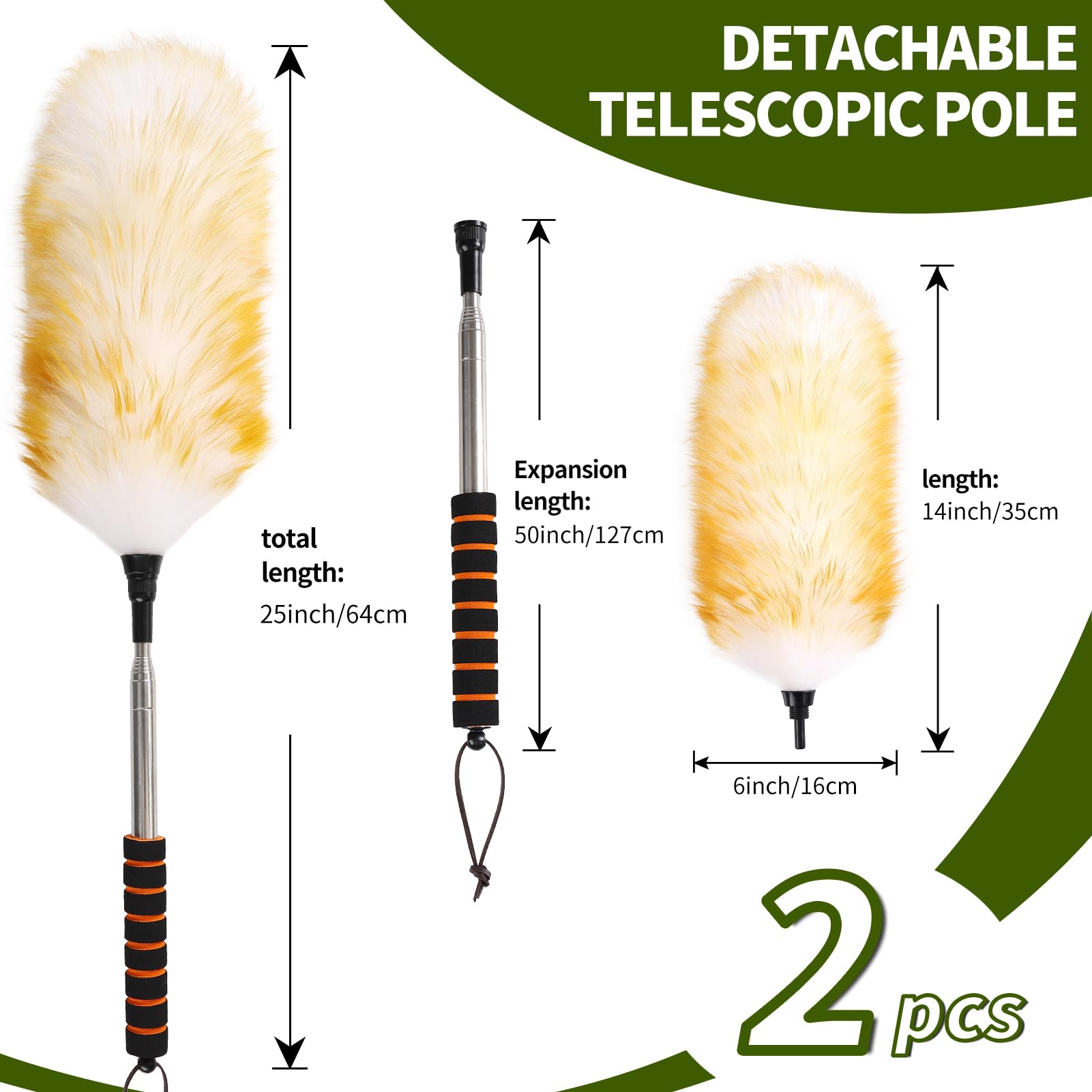 MehelloFeather Extendable Lambswool Duster 25-64" Retractable Telescopic Handle Removable Head Multi-Surface Cleaning Tool for Ceiling Fans, Windows, High Walls, and Hard-to-Reach Areas (2pcs)