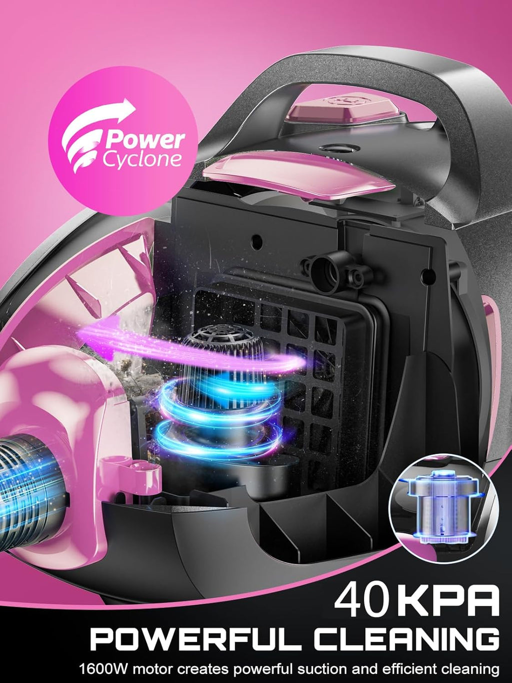 Skiennix Canister Vacuum Cleaner - 40Kpa 1600W Cyclone Power, Lightweight & Bagless, 3.7QT Dust Cup, Pink
