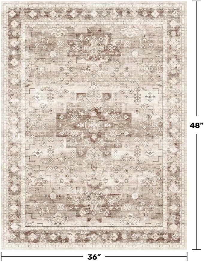 Regine Switzerland Washable Large Entryway Rug - Non-Slip Boho Vintage Floral Design | 3x4 Beige/Latte