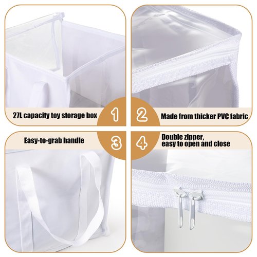 FQDGTFA 3 Pack Toy Storage PVC Boxes Storage Bins with Transparent Lid, Durable Clear Toy Organizer with Handle, Foldable Plastic Bins for Kids Playroom/Clothes/Toys/Blocks/Stuffed Animal Storage