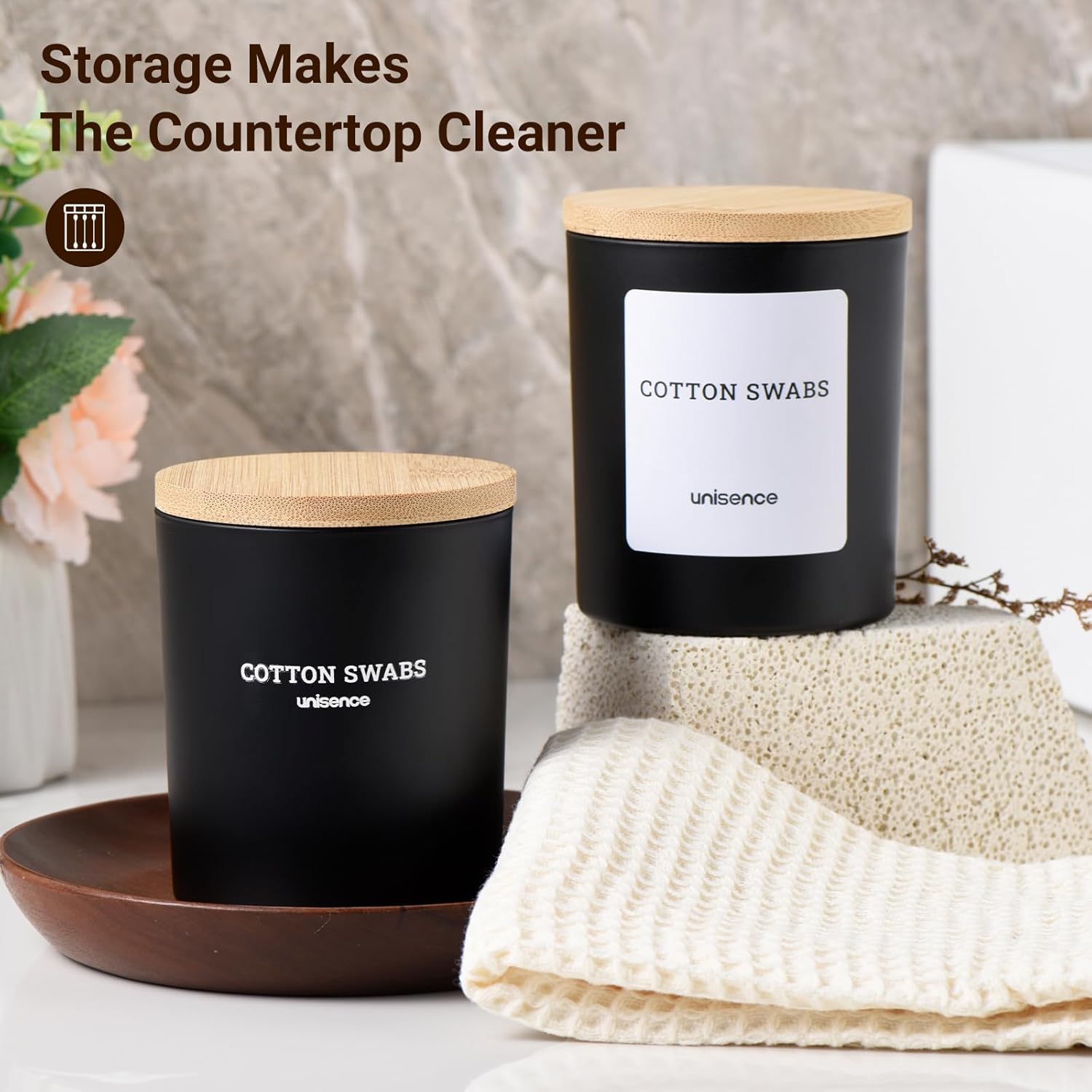 Skiennix Glass Qtip Holder Set - 2 Pack Bathroom Organizer with Lid for Cotton Swabs & Makeup | Black