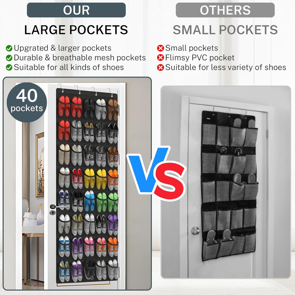 Skiennix Over The Door Shoe Organizer - 40-Pocket Hanging Rack for Closet Storage | Black Mesh Design