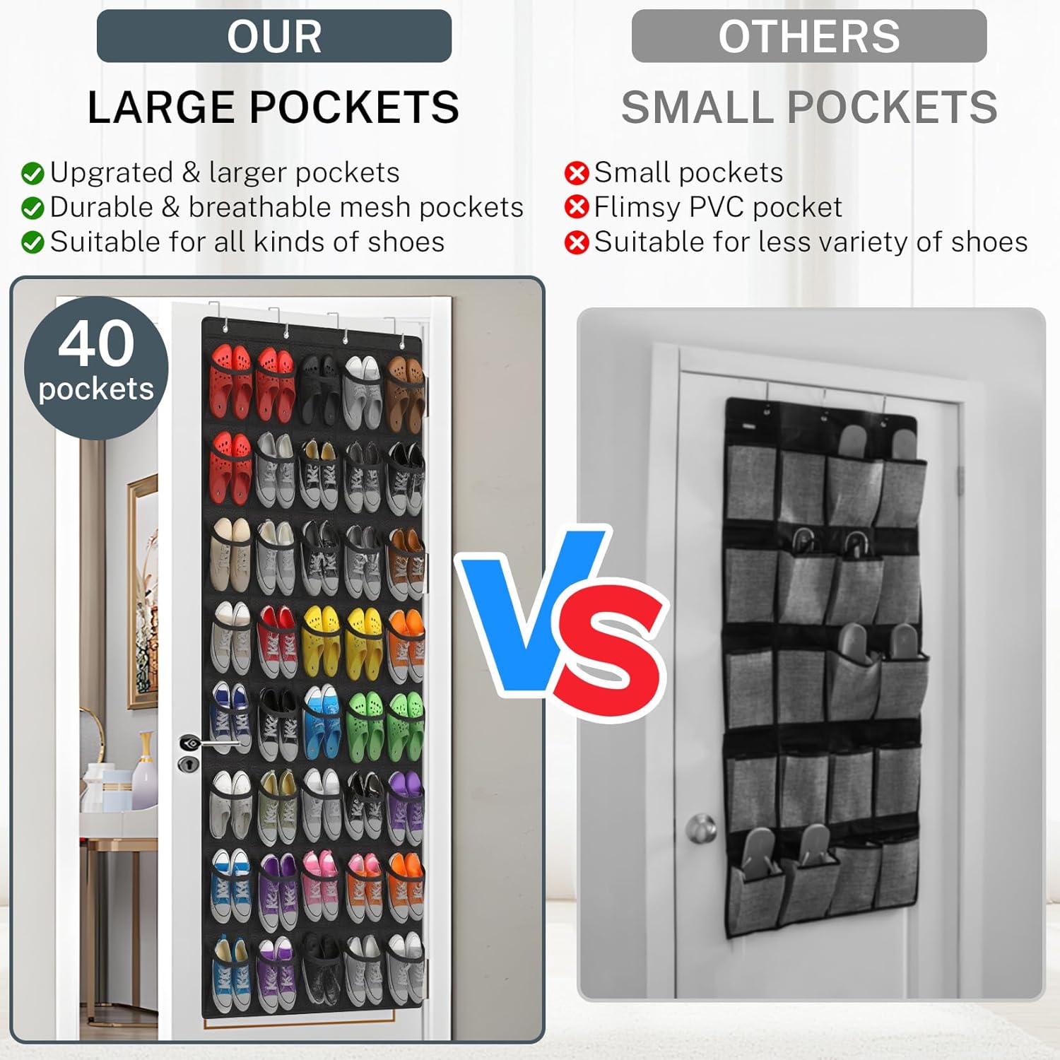 Skiennix Over The Door Shoe Organizer - 40-Pocket Hanging Rack for Closet Storage | Black Mesh Design