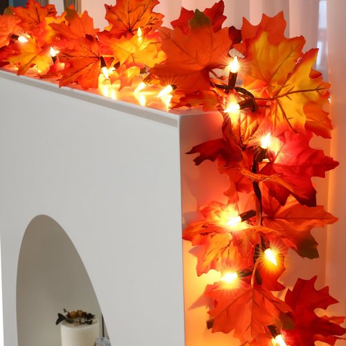 Fall Decorations Lighted Fall Garland, 9FT 50 Count Incandescent Lights Brown Wire UL Certified Connectable Maple Leaves String Lights for Home Party Fireplace Mantle Thanksgiving Decor (Orange, 9FT)