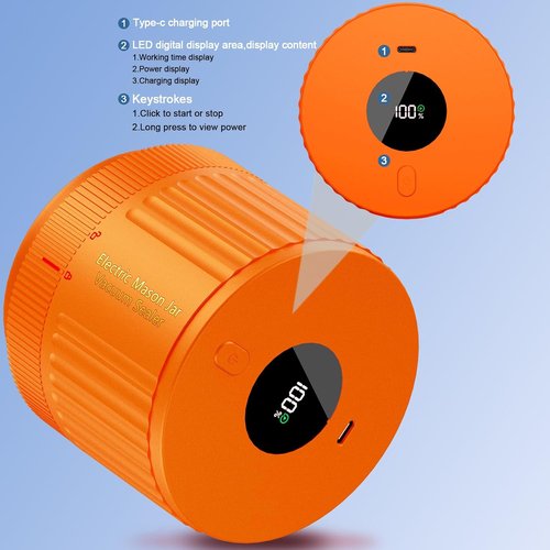 LOVE MOMENT Electric Mason Jar Vacuum Sealer Kit - Ideal for Wide & Regular Mouth Jars - Orange