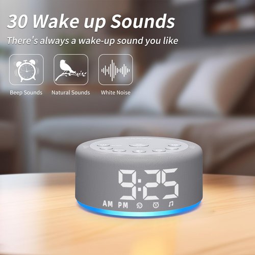 【3 in 1】 Sound Machine Alarm Clock Night Light White Noise Machine with 30 Sleeping Sounds for Baby Kids Adults 32 Level Volume Auto Off Timer Memory Function Digital Clock with 30 Wake Up Sounds