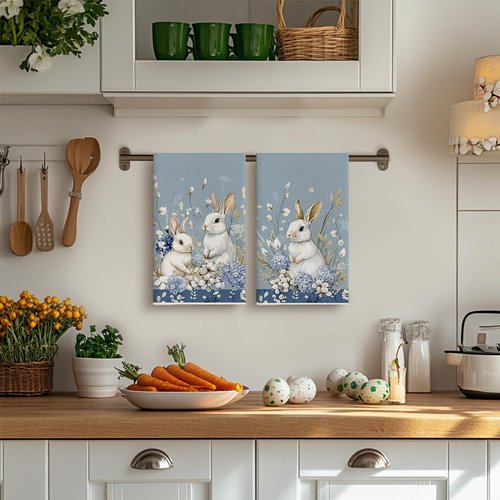 Artoid Mode Bunny Hydrangea Easter Kitchen Towels Dish Towels, 18x26 Inch Spring Farmhouse Wild Flowers Decoration Hand Towels Set of 2