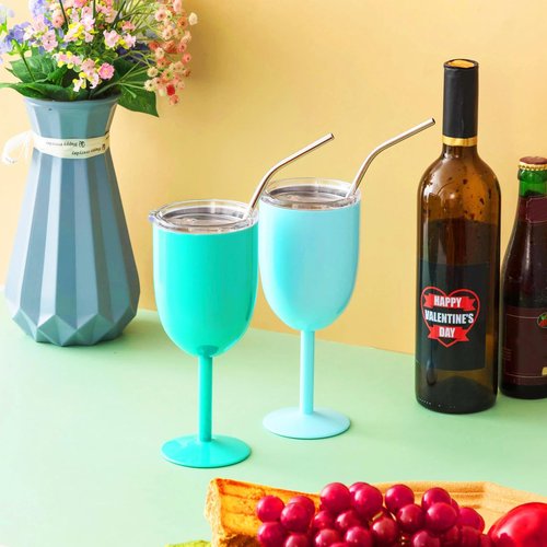 Gerrii 6 Sets Stemmed Stainless Steel Wine Glass with Lid and Straw 10 oz Unbreakable Metal Glass Cups Double Walled Vacuum Insulated Wine Tumbler, Gifts for Women Friends Birthdays Weddings, 6 Colors