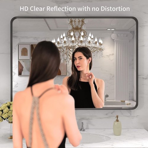 LOAAO Black Metal Framed Bathroom Mirror - 40X30 Inch Rounded Rectangle, Anti-Rust Tempered Glass, Versatile Hang