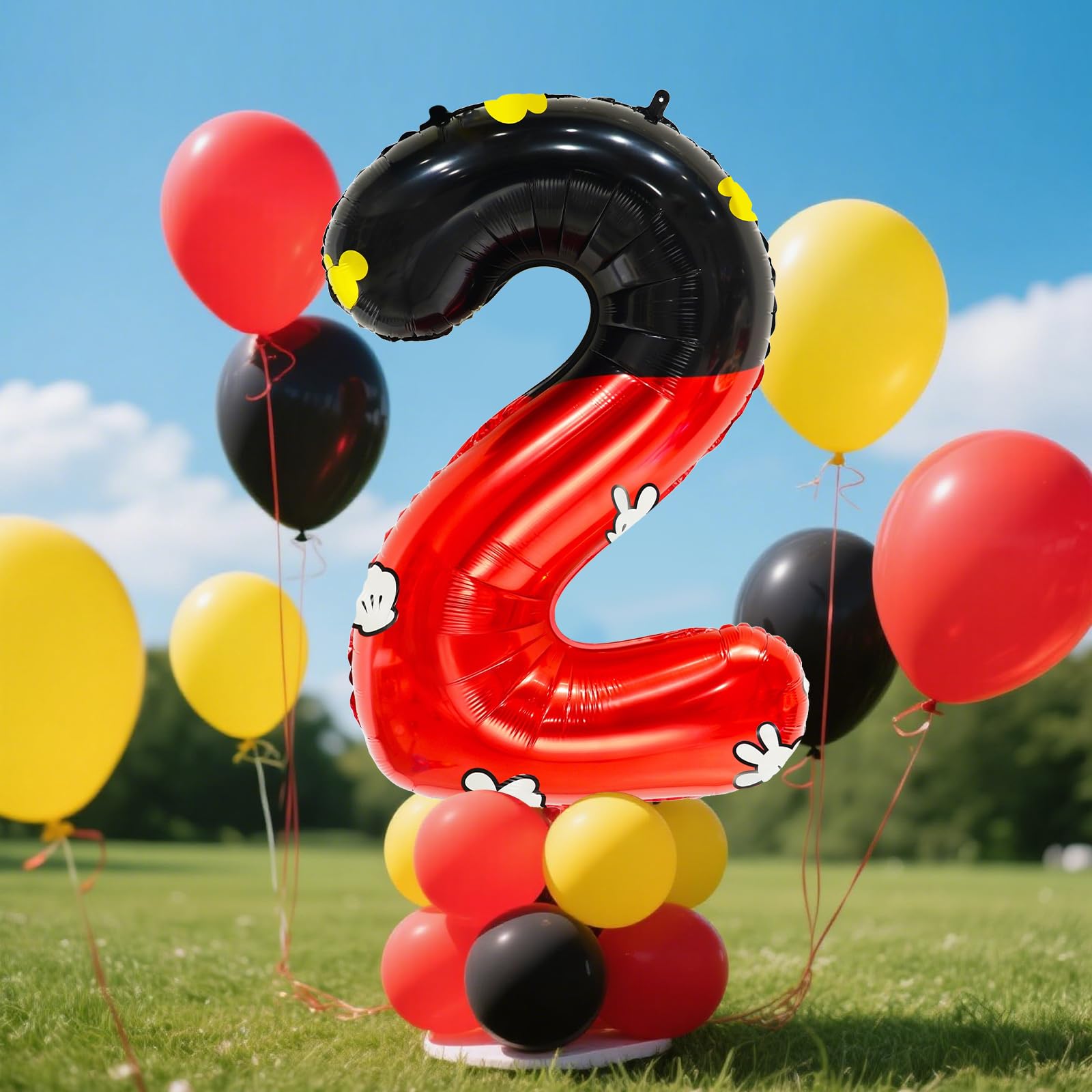 YIIHMEI 40 Inch Cartoon Mouse Number 2 Balloon Black Red Balloons,Giant Number with Animation Style Balloons for 2nd Anniversary Birthday Theme Party Decorations Supplies