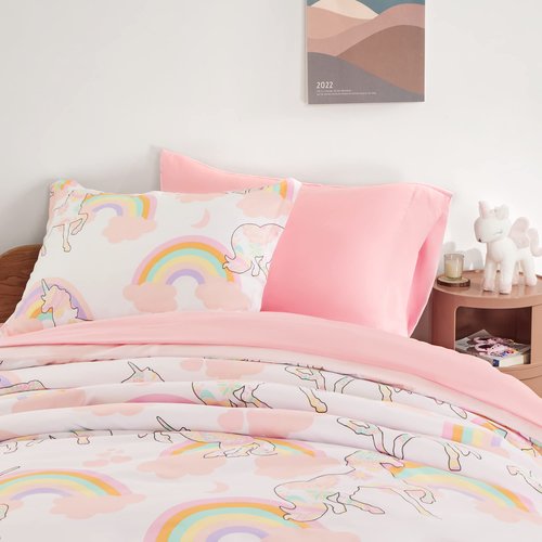 SLEEP ZONE Kids Duvet Cover Set Twin Size 2 Pieces - Super Soft & Cute Comforter Cover with 1 Pillow Sham, Easy Care Zipper Closure (Pink Unicorn, Twin)