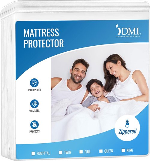 DMI Waterproof Mattress Protector - Encased Zippered Fit, Queen Size Bed Cover - White