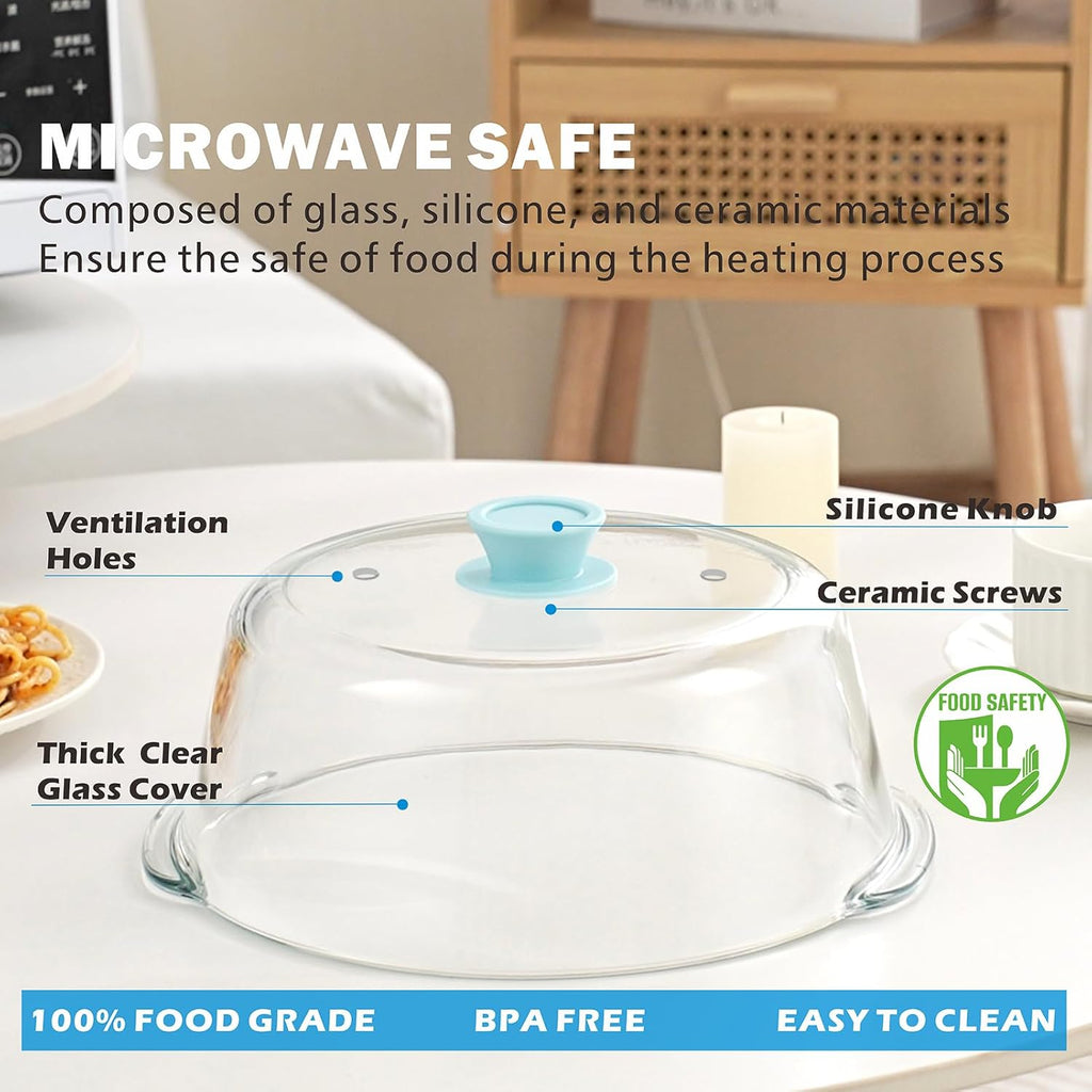 Skiennix Tall Glass Microwave Splatter Cover - 10-Inch Food Safe Lid with Vent Hole & Silicone Knob