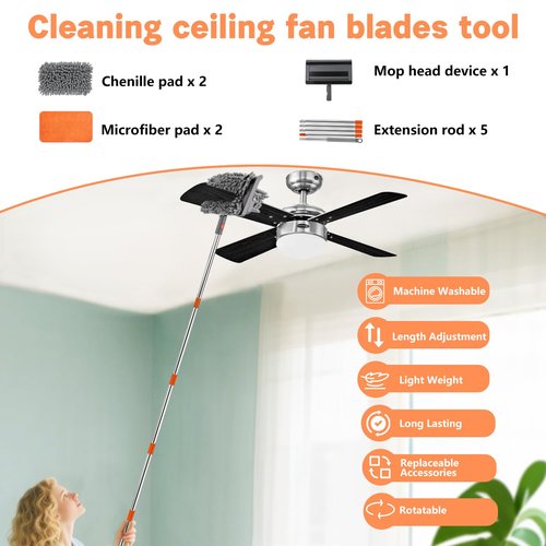 Ceiling Fan Cleaner Duster with 80" Adjustable Pole, with Reusable Microfiber Pad, for Cleaning Fan Blades, Baseboard, Window Glass, Bathroom, Floor